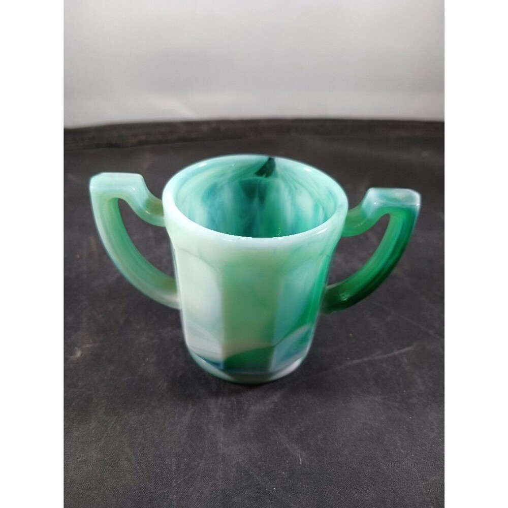 Vintage Imperial Glass Colonial Green Slag Colonial 2-Handled Toothpick Holder
